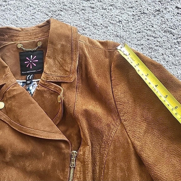 Isaac Mizrahi Moto Jacket Womens 14 Cognac Brown Suede Leather Lined Full Zip - Picture 9 of 14